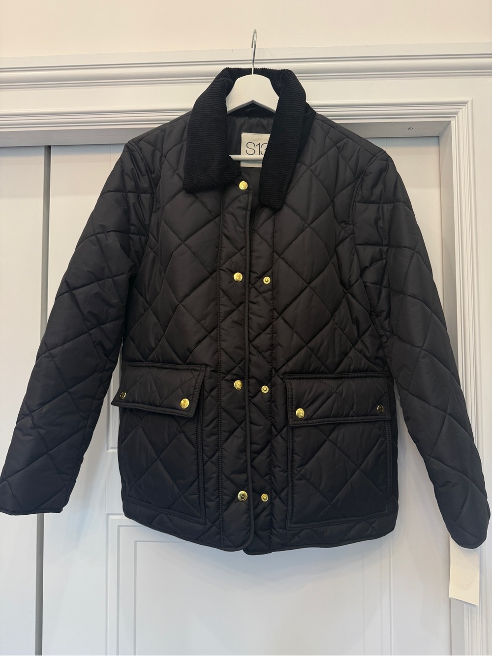 NWT S13 BRIDGET BLACK QUILTED EQUESTRIAN JACKET MEDIUM GOLD BUTTONS CORDUROY